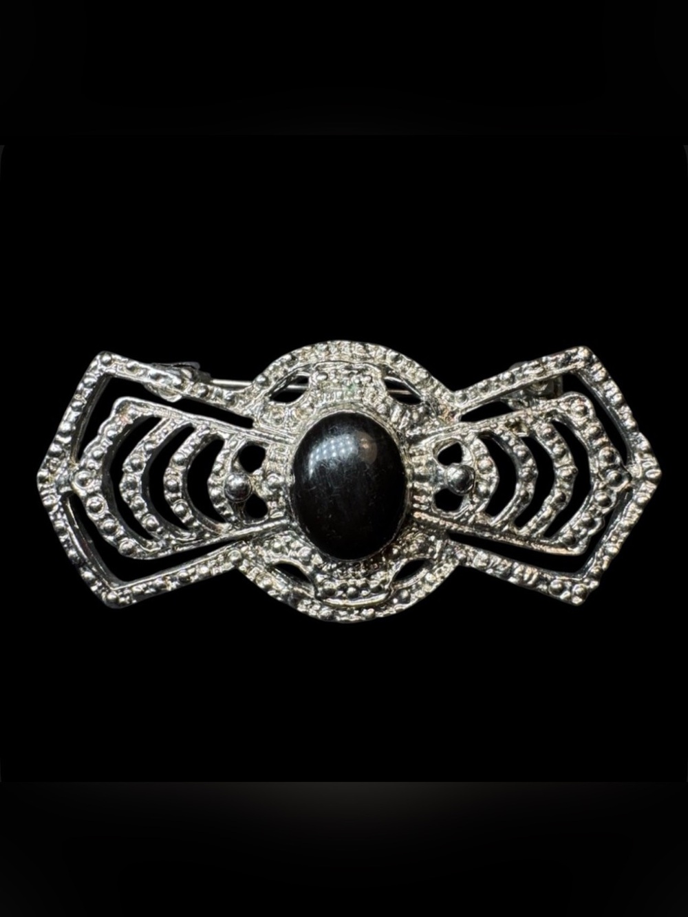 Beautiful Brooch Pin Silver Tone Texture Black Enamel 2 x 1" Vintage